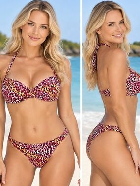 NWOT  CATALINA vibrant pink and orange leopard print halter bikini set. Size L